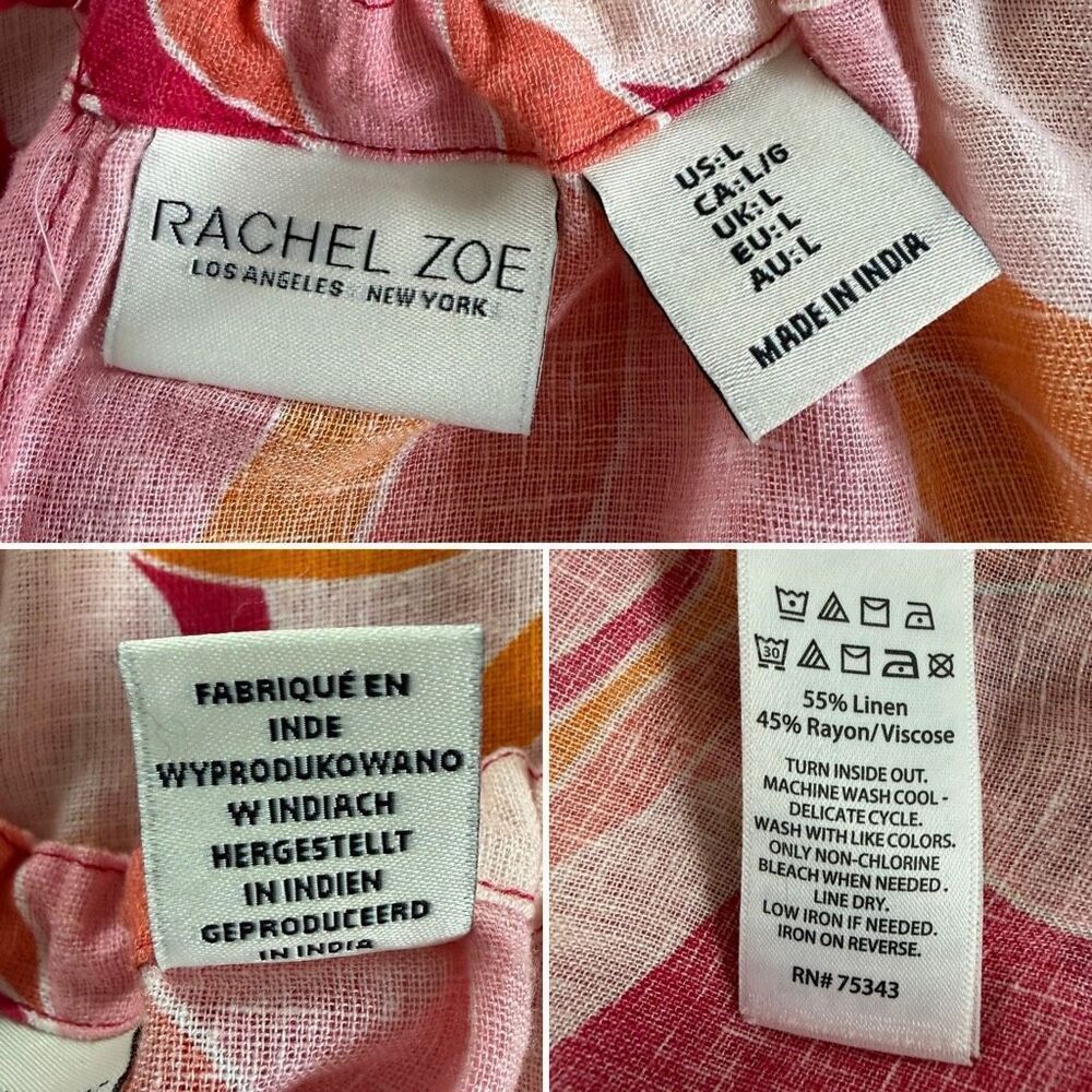 Rachel Zoe Linen Blend Maxi Dress Pink Orange Abstract Print Tassel Shell Size L - Picture 11 of 12